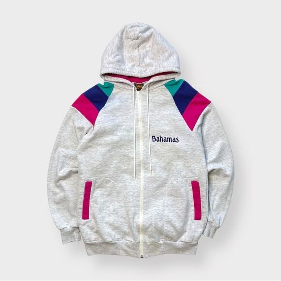 Vtg 80s Bahamas Color Block Hoodie Sweatshirt, USA S M, Talon Vacation Island - Picture 1 of 5